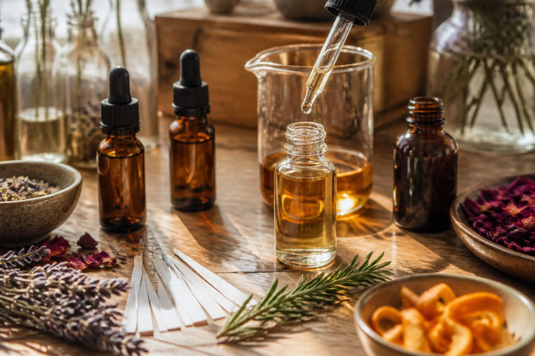 Natuurlijk parfum maken met flesjes etherische olie, een parfumflesje van 10 ml, geurstrookjes, lavendel, rozenblaadjes en sinaasappelschil