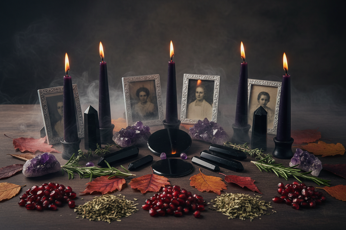 Samhain ritueel altaar met zwarte en dieppaarse kaarsen, obsidiaan en amethist, gedroogde kruiden en een lichte nevel