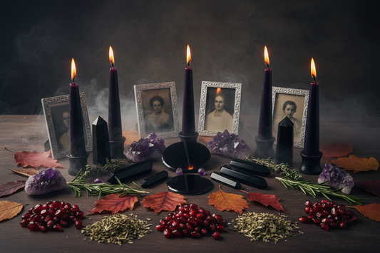 Samhain ritueel altaar met zwarte en dieppaarse kaarsen, obsidiaan en amethist, gedroogde kruiden en een lichte nevel