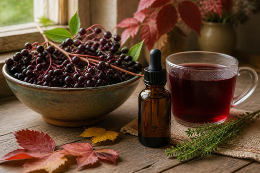 Rijpe vlierbessen in een aardewerken schaal met een flesje tinctuur en een kop vlierbessenthee op een houten tafel met herfstbladeren