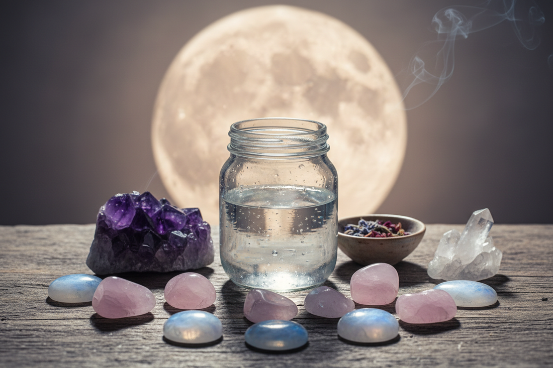 Volle maan ritueel met edelstenen en maanwater voor loslaten, opladen en spirituele verbinding