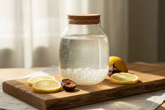 en pot met waterkefir en kefirkorrels op houten ondergrond met citroen en gedroogd fruit