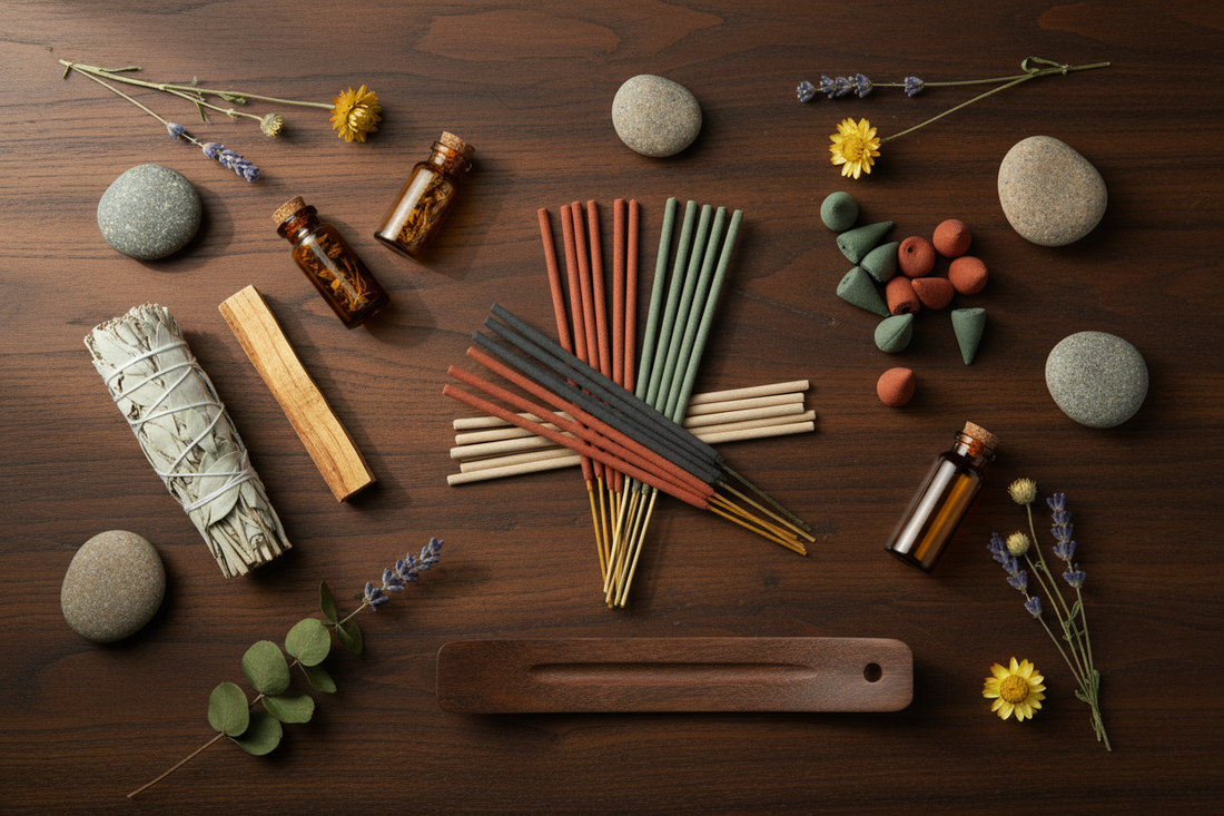 Een spa-luxe flat lay met wierookstokjes, kegels, palo santo, witte salie, een houten wierookhouder, stenen en gedroogde bloemen op een donker houten oppervlak — in warme aardse tinten. 