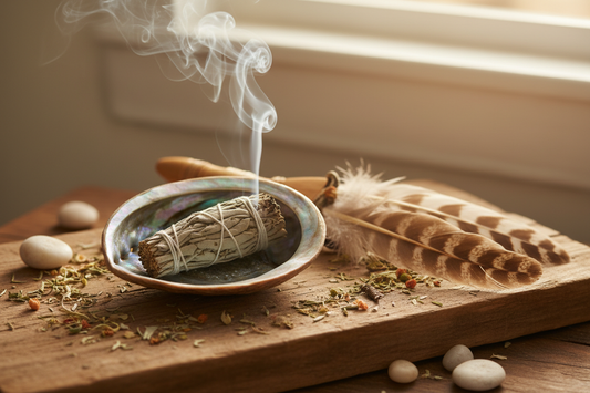Witte salie smudge stick brandend in abalone schelp met houten veer voor energetisch reinigen 