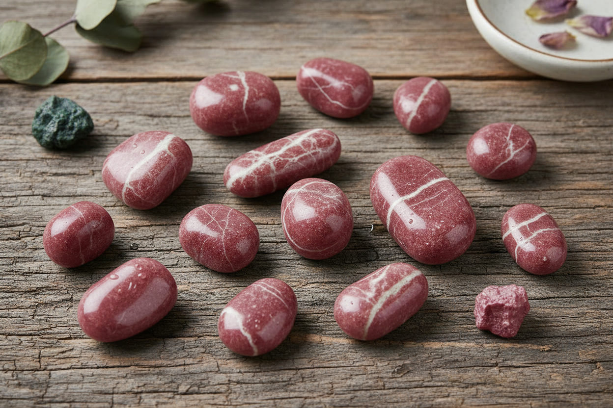 achte roze aardbeienkwarts stenen met de kenmerkende rode insluitsels en glinstering van binnenuit, verspreid op de rustieke houten ondergrond