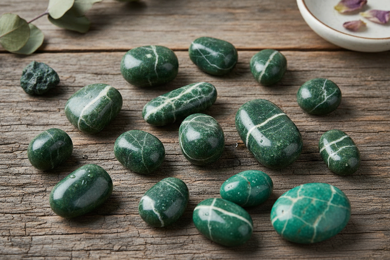 levendige teal en turquoise amazoniet stenen met de kenmerkende witte veldspaat aders, zowel ruw als gepolijst, op de rustieke houten ondergrond