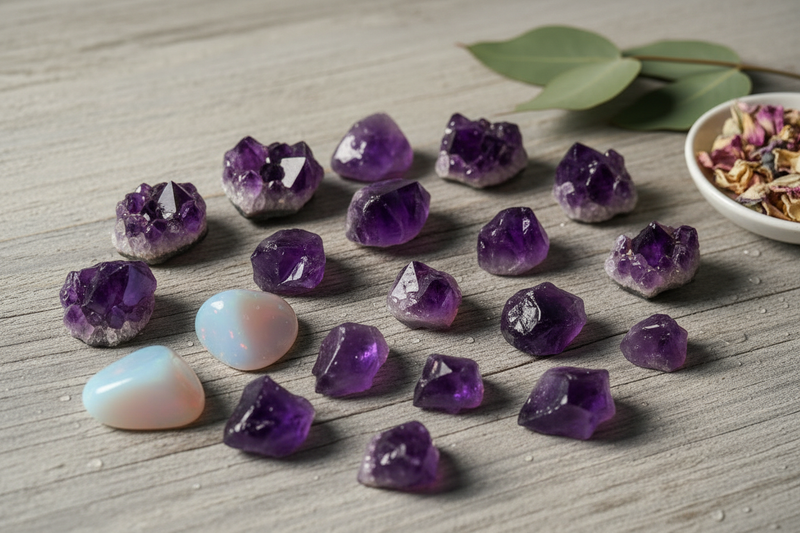 diepe paarse en violette amethist trommelsteen, ruwe clusters met puntige kristaltoppen en gepolijste stukken op de rustieke houten ondergrond