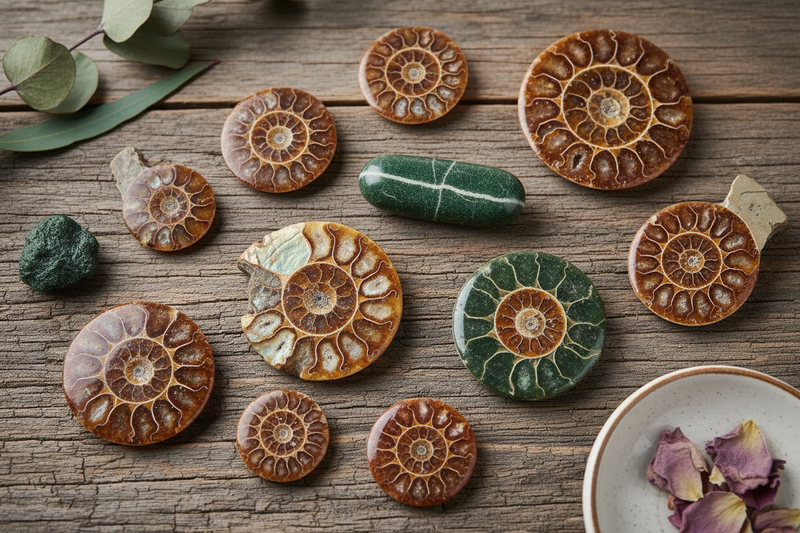 gepolijste ammoniet doorsnedes met prachtige irriserende kamers en spiraalpatronen in goud en aardetinten, naast ruwe ammonieten in verschillende groottes, op de rustieke houten ondergrond