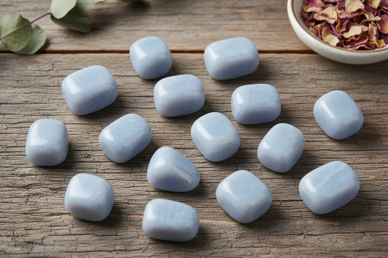 achte poederblauw en lichtgrijsblauwe angeliet stenen met hun kenmerkende gladde, matte uitstraling, verspreid op de rustieke houten ondergrond