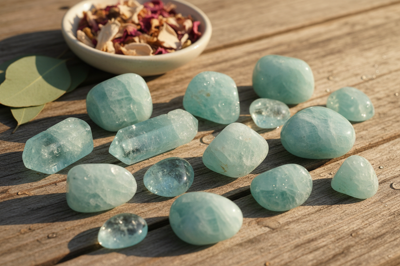 doorschijnende lichtblauwe en zeegroen aquamarijn stenen, zowel ruw met de kenmerkende zeszijdige kristalvorm als gepolijst, op de rustieke houten ondergrond