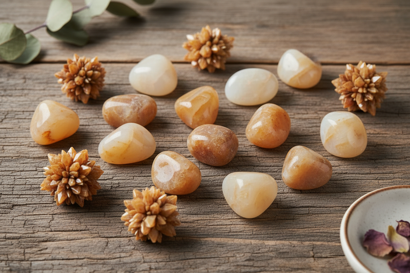 warme oranje, bruine en goudgele aragoniet met de kenmerkende ster/sputnik-vormige kristalclusters en gepolijste stenen, op de rustieke houten ondergrond