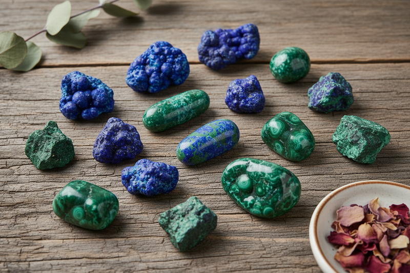 diep koningsblauw azuriet gecombineerd met levendig groen malachiet, zowel in ruwe bolvormige formaties als gepolijste stenen met wervelende blauw-groene patronen, op de rustieke houten ondergrond