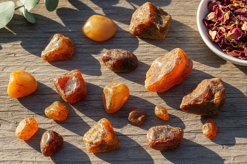 barnsteen stukken in warme gouden, honing en cognac tinten, deels doorschijnend met warm licht, verspreid op een rustieke houten ondergrond