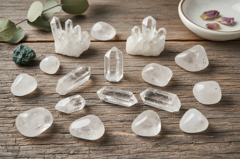 heldere, fonkelende bergkristal punten, ruwe clusters en gepolijste stenen die het licht prachtig breken, op de rustieke houten ondergrond