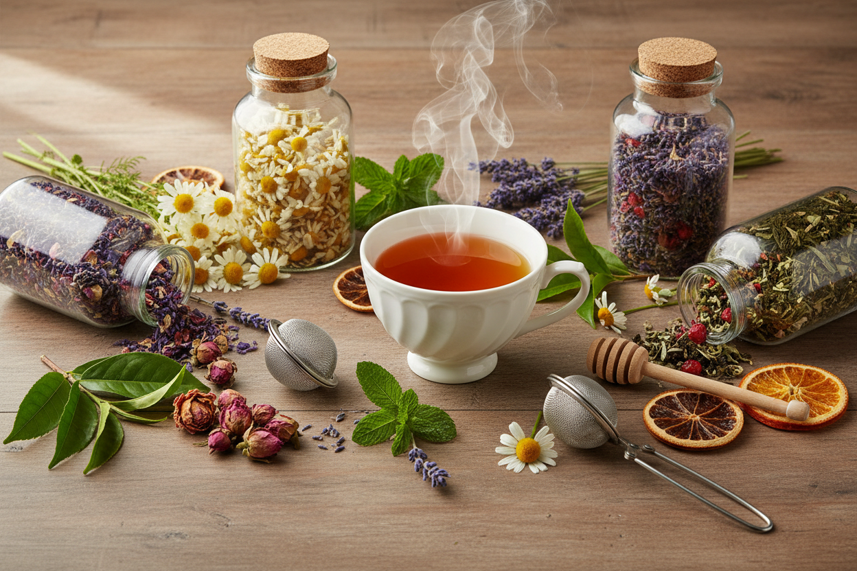 biologische kruidenthee, glazen potten met gedroogde kruiden, een stijlvolle keramische theekop met dampende thee, en botanische ingrediënten zoals kamille en lavendel op een houten ondergrond