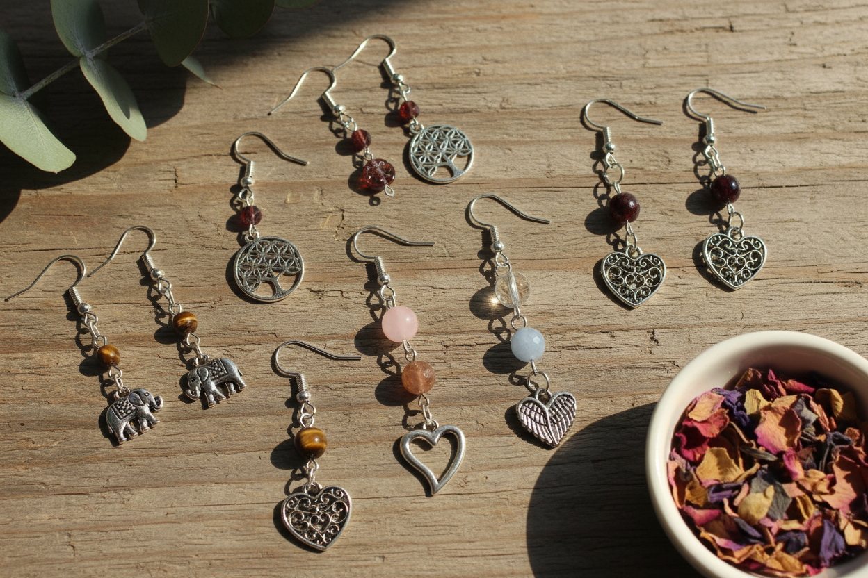 gestylde flat lay van delicate edelsteen oorbellen met tijgeroog, amethist, bergkristal, rozenkwarts, fluoriet en granaat, met motieven zoals olifanten, bloem des levens, engelenvleugels en harten, op de rustieke houten ondergrond