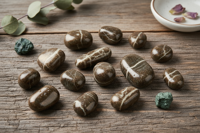 donkerbruine en bronzen bronziet stenen met hun kenmerkende goudkleurige metaalglans en zijdeachtige kattenoogglinstering, op de rustieke houten ondergrond 