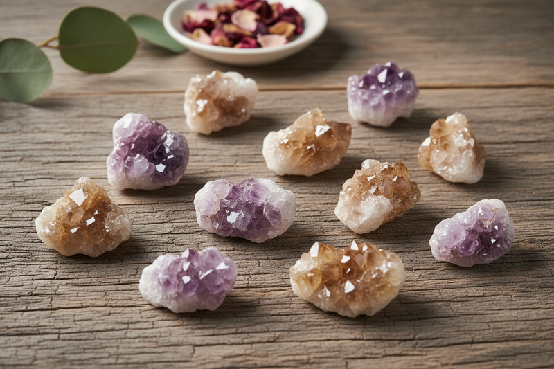 cactus kwarts punten bedekt met honderden kleine druzy kristalpuntjes die naar buiten groeien als een cactus, in lichtpaars, wit en citrien geel, op de rustieke houten ondergrond