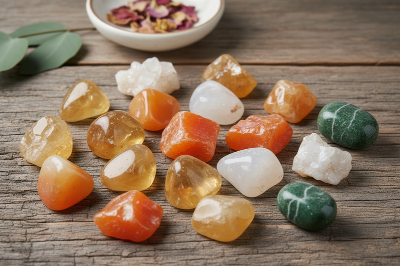 van calciet in verschillende kleuren (honing goud, oranje, wit en groen), zowel ruw als gepolijst, met hun kenmerkende doorschijnende kwaliteit, op de rustieke houten ondergrond