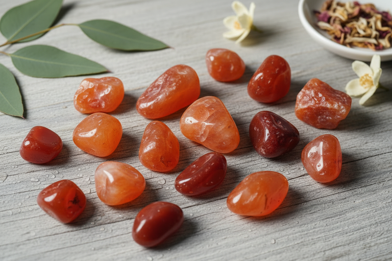 warme oranje, rood-oranje en dieprode carneool stenen met hun kenmerkende doorschijnende gloed, zowel ruw als gepolijst, op de rustieke houten ondergrond