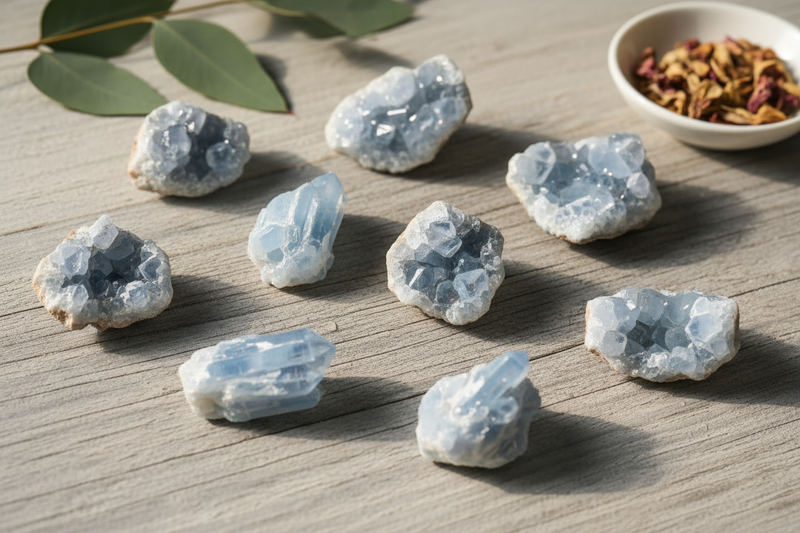 delicate lichtblauwe en grijsblauwe celestien kristalclusters met hun kenmerkende puntige prismatische kristallen en geode stukken, op de rustieke houten ondergrond