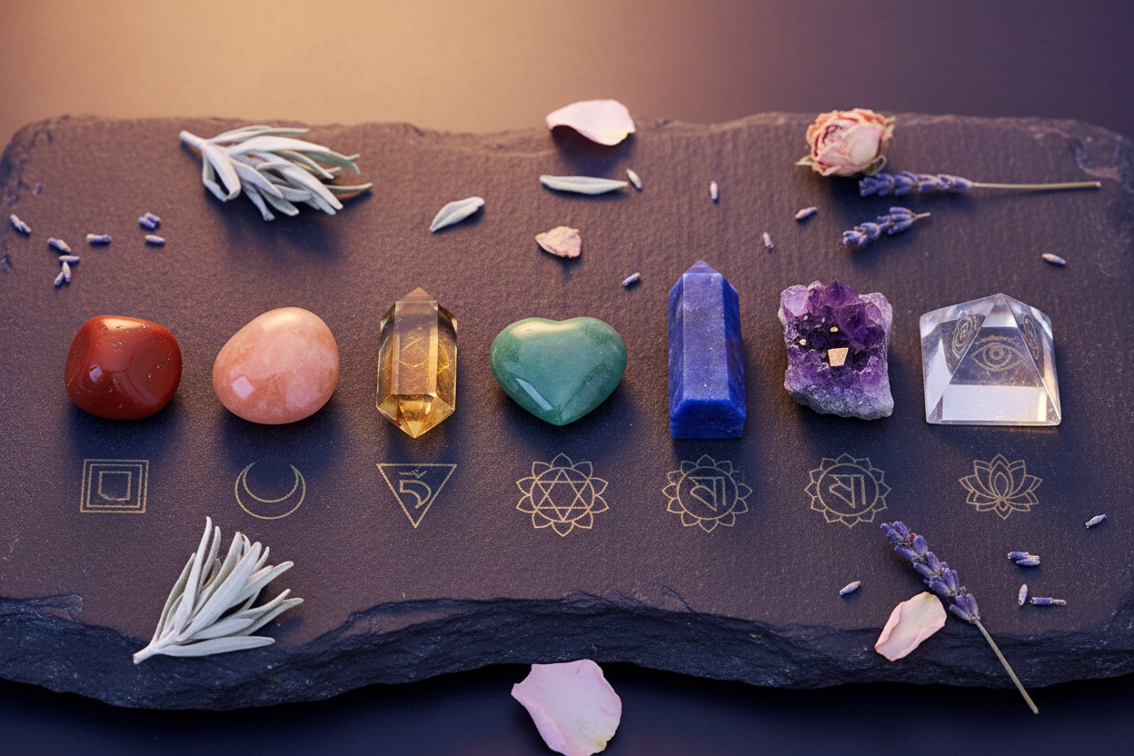 Zeven chakra-edelstenen op een rij op een donker stenen oppervlak, elk naast hun bijbehorende chakra-symbool — van rode jaspis (wortelchakra) tot bergkristal (kruinchakra) — omringd door gedroogde bloemen en salie