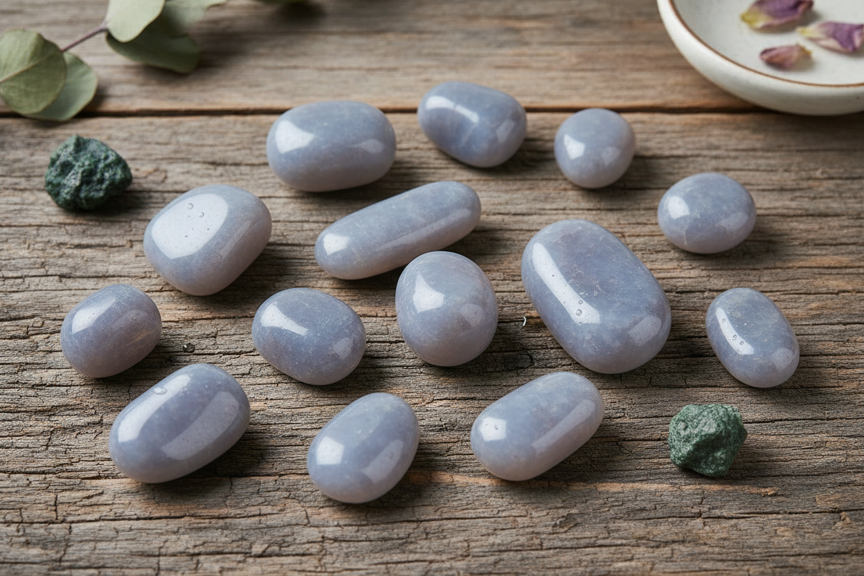 grijsblauw/lila-witte chalcedoon tint met de glazige wasachtige glans
