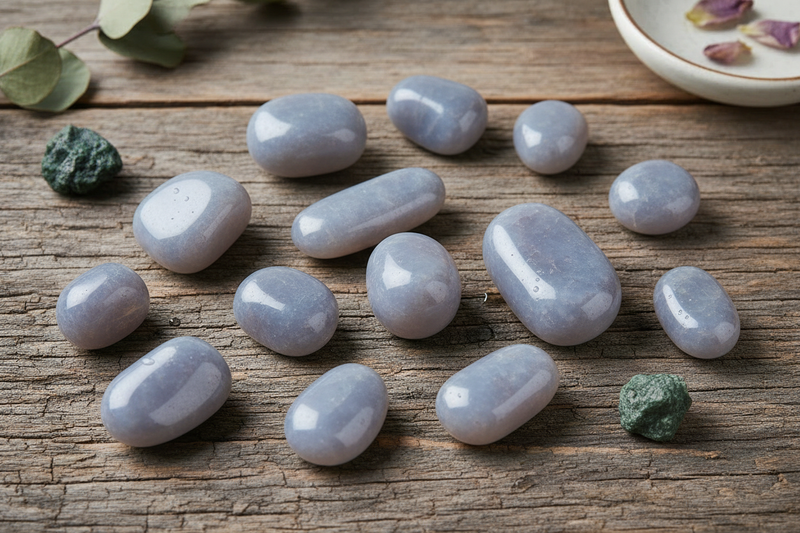 grijsblauw/lila-witte chalcedoon tint met de glazige wasachtige glans