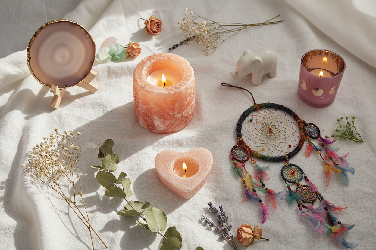 Natuurlijke decoratie collectie van Natuurlijk Gaia met kristallen theelichthouders, agaat, himalayazout waxinelichthouder en dromenvanger op linnen ondergrond