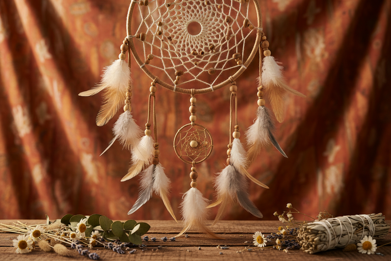 handgemaakte dromenvanger hangend in warm gouden ochtendlicht, met een fijn geweven web, natuurlijke veren, houten kralen en leren details, met gedroogde bloemen en salie op een rustieke houten ondergrond