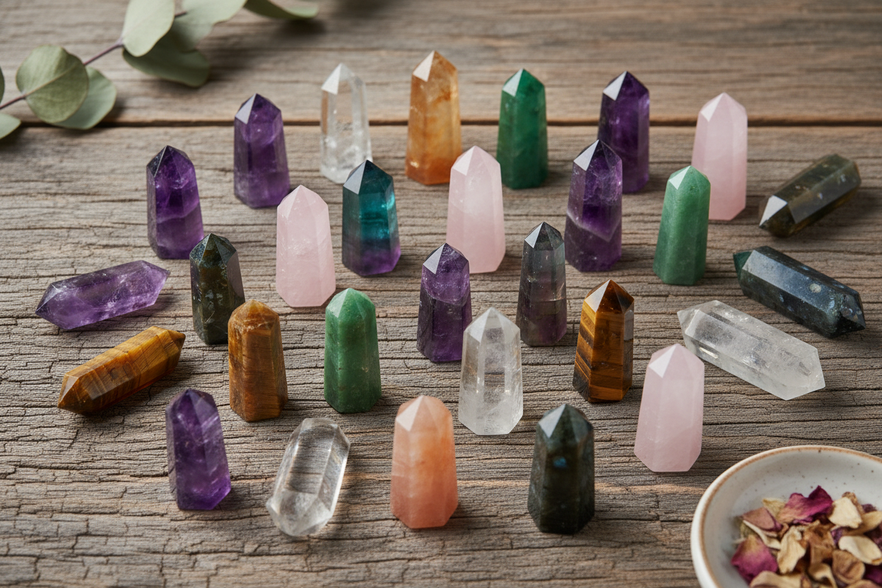 mix van paarse amethist, helder bergkristal, kleurrijke fluoriet, golden healer, roze rozenkwarts, groene aventurijn, labradoriet, oranje calciet en tijgeroog punten, deels rechtopstaand en deels liggend, op de rustieke houten ondergrond 