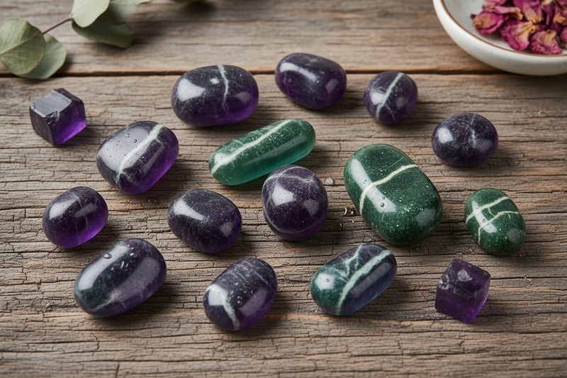 leurrijke fluoriet met de kenmerkende paarse, groene en blauwe kleurzones in zowel ruwe kubische kristallen als gepolijste stenen, op de rustieke houten ondergrond