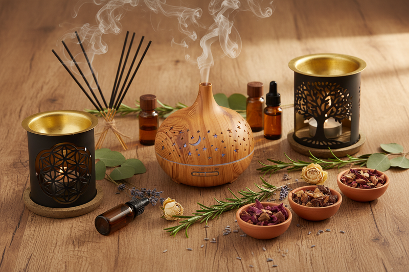 flat lay met een ultrasone aroma diffuser, olieverdampers met Flower of Life en Tree of Life designs, wierookstokjes en etherische oliën, omringd door gedroogde bloemen en kruiden