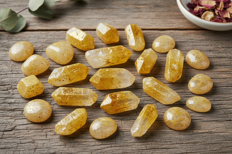 heldere kwarts kristallen met de kenmerkende goudgele en amber ijzeroxide coating die een warme gloed geeft, zowel ruwe punten als gepolijste stenen, op de rustieke houten ondergrond