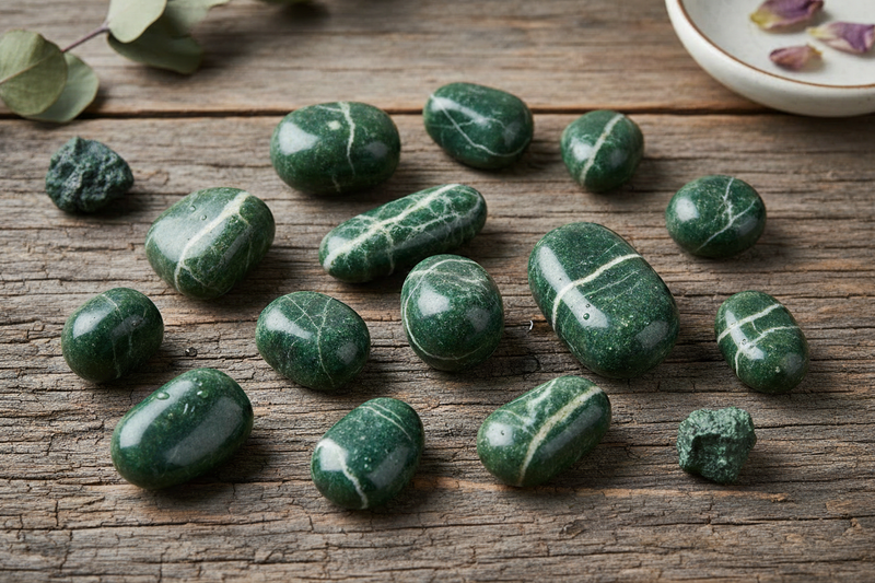 rijke groene aventurijn stenen met de kenmerkende glinsterende fuchsiet mica insluitsels, zowel ruw als gepolijst, op de rustieke houten ondergrond