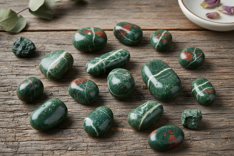 donkergroene heliotroop stenen met de kenmerkende levendige rode en oranje jaspis vlekken, zowel ruw als gepolijst, op de rustieke houten ondergrond