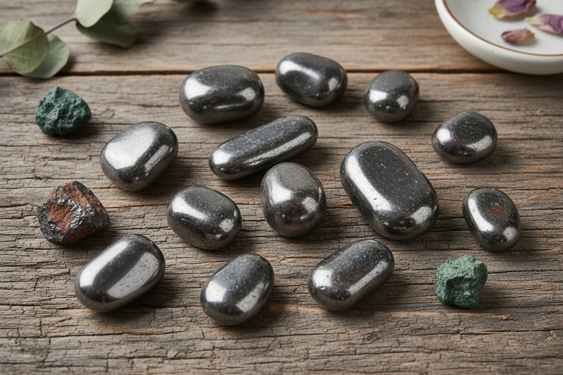  glanzende zilvergrijs en metallic zwarte hematiet stenen met hun kenmerkende spiegelachtige metaalglans, zowel ruw als gepolijst, op de rustieke houten ondergrond