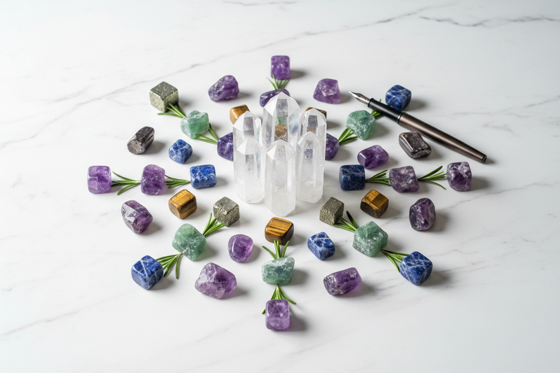 Edelstenen voor focus en concentratie - fluoriet, bergkristal, sodaliet, tijgeroog, hematiet en pyriet
