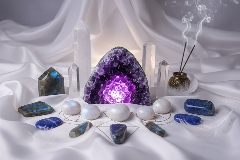 Edelstenen voor intuïtie en spirituele groei - amethist, labradoriet, maansteen, lapis lazuli, bergkristal en seleniet