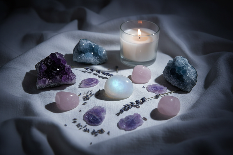 Edelstenen voor betere slaap - maansteen, amethist, rozenkwarts, celestien en lepidol