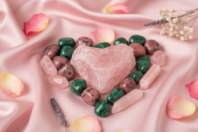Edelstenen voor liefde en relaties - rozenkwarts, rhodoniet, groen aventurijn, rhodochrosiet, malachiet en jade