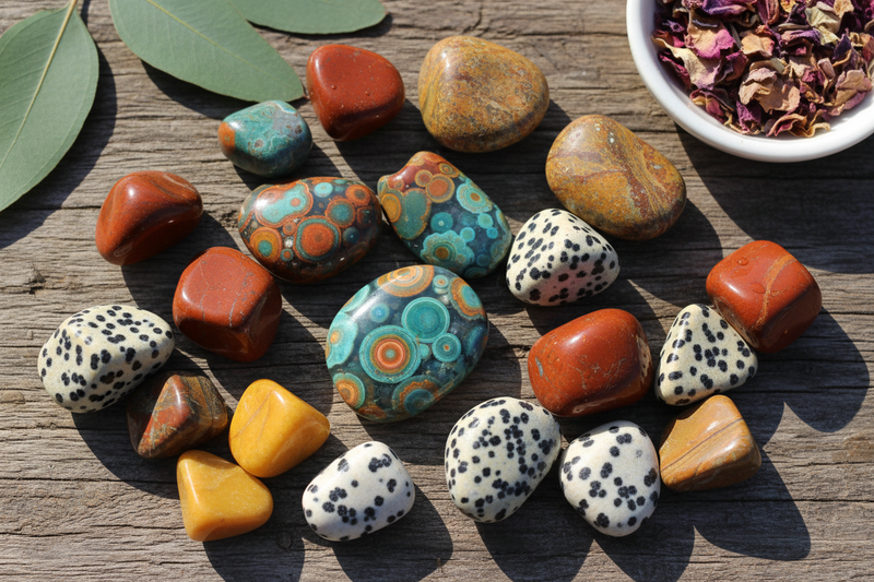 kleurrijke mix van rode jaspis, oceaan jaspis met kleurrijke bollen, dalmatiër jaspis met zwarte stippen, picture jaspis met aardetinten en gele jaspis, op de rustieke houten ondergrond