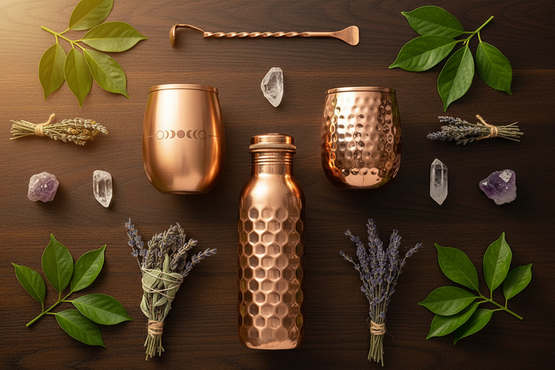 flat lay met een koperen tongschraper, drinkbekers met maanfasen gravering en een koperen drinkfles op donker hout, omringd door groene bladeren en kruiden