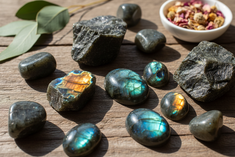donkergrijze labradoriet stenen met hun spectaculaire iriserende labradoriscentie in levendige flitsen van blauw, groen, goud en oranje, op de rustieke houten ondergrond