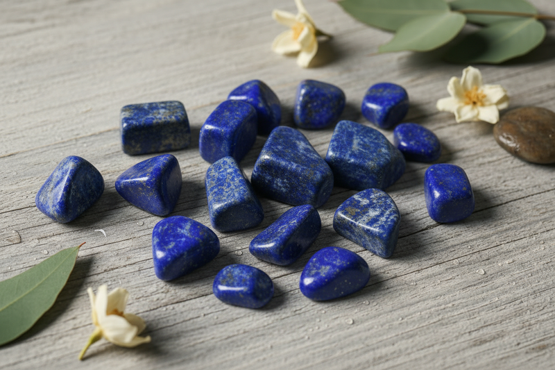 diep koningsblauw lapis lazuli met de kenmerkende gouden pyriet vlekjes en witte calciet aders, zowel ruw als gepolijst, op de rustieke houten ondergrond