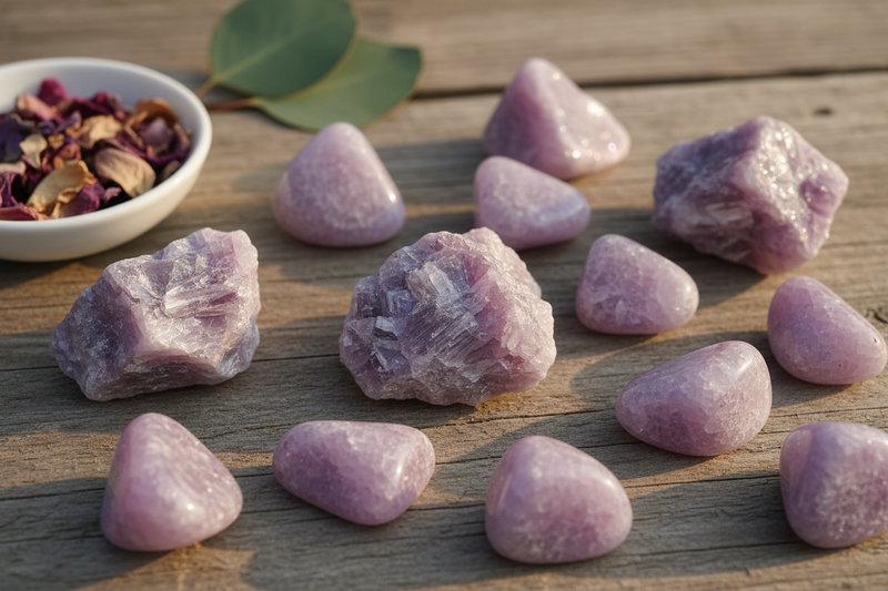 zachte lila, lavendel en paarse lepidoliet stenen met hun kenmerkende glinsterende mica glans en gelaagde schilferige textuur, op de rustieke houten ondergrond