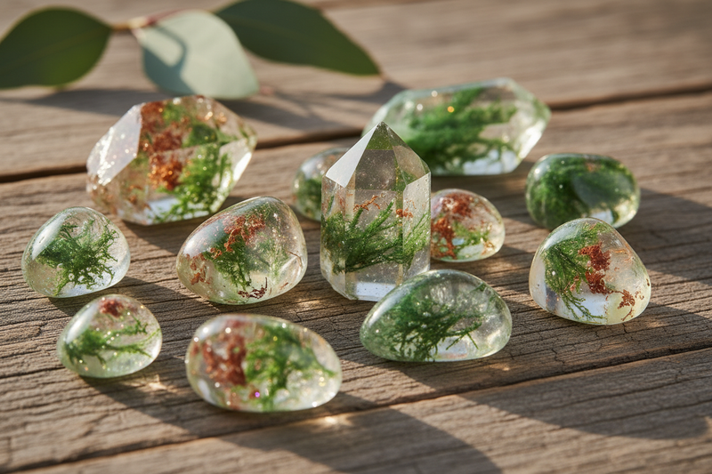 zichtbare insluitsels van binnenuit — groene chloriet, roodbruine wolken en gouden mineralen die een miniatuurlandschap vormen in het heldere kwarts