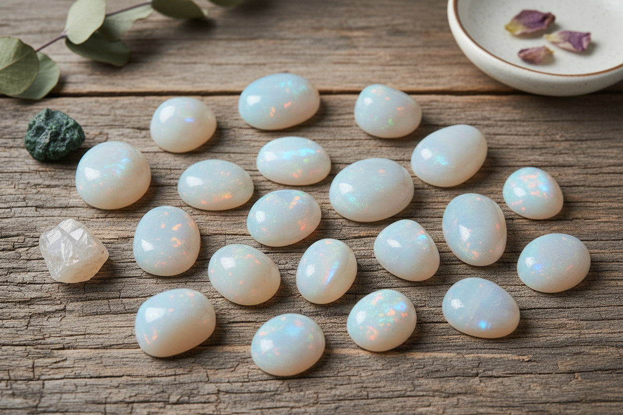 romig witte en perzikkleurige maansteen met hun kenmerkende blauwe en zilveren adulariscentie (de zwevende innerlijke gloed), inclusief regenboog maansteen met levendige blauwe flits, op de rustieke houten ondergrond