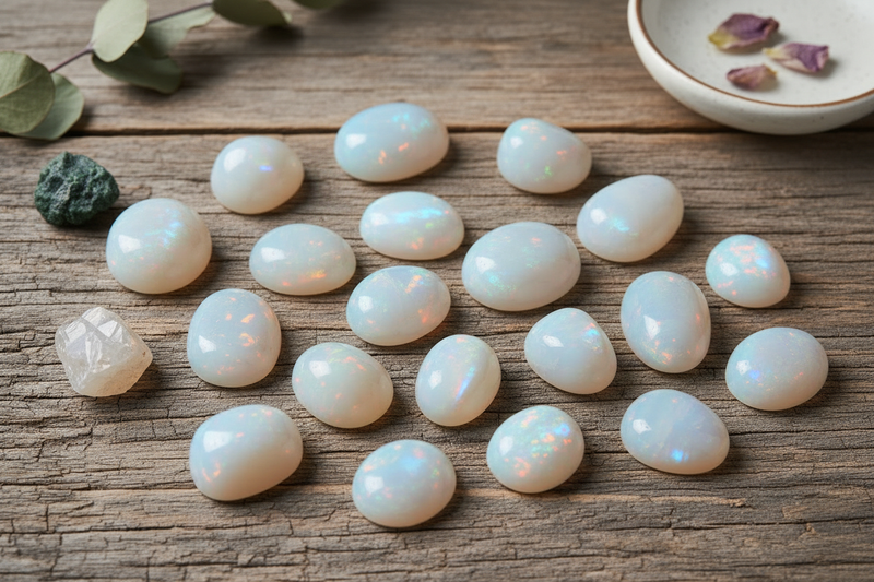 romig witte en perzikkleurige maansteen met hun kenmerkende blauwe en zilveren adulariscentie (de zwevende innerlijke gloed), inclusief regenboog maansteen met levendige blauwe flits, op de rustieke houten ondergrond