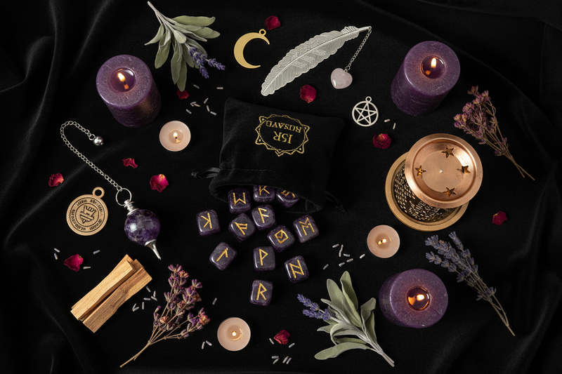 amethist runenstenen uit een fluwelen zakje, een kristallen pendel, een wierookdiffuser met Hamsa-ontwerp en een veren boekenlegger met rozenkwarts hart, in een mystieke sfeer met kaarslicht en diepe paarse tinten